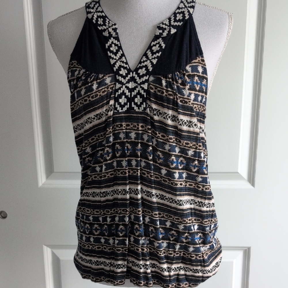 Lucky Brand Black and Blue Patterned Tank Top